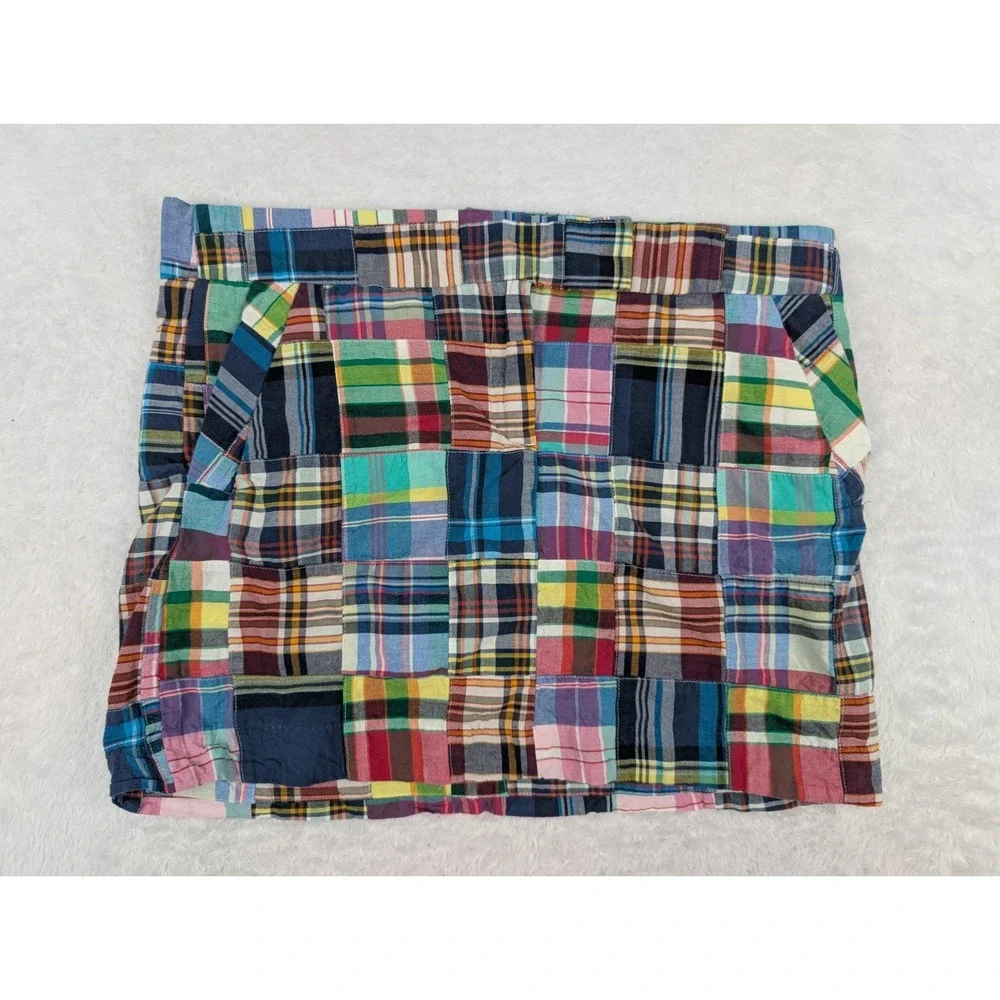 J.Crew Mini Skirt 12 Patchwork Plaid Madras Navy Multicolor Cotton Pocket - Picture 1 of 10